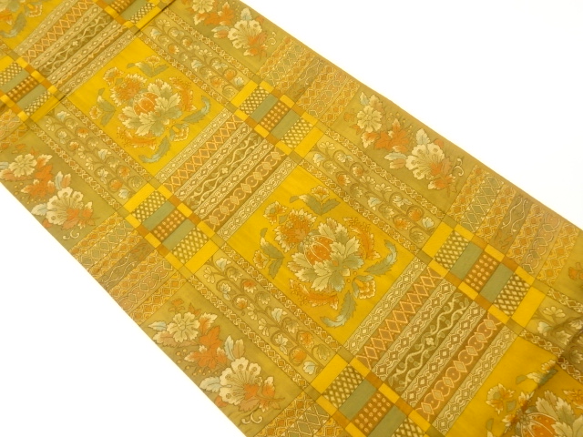 格子に変わり草花模様織出し洒落袋帯